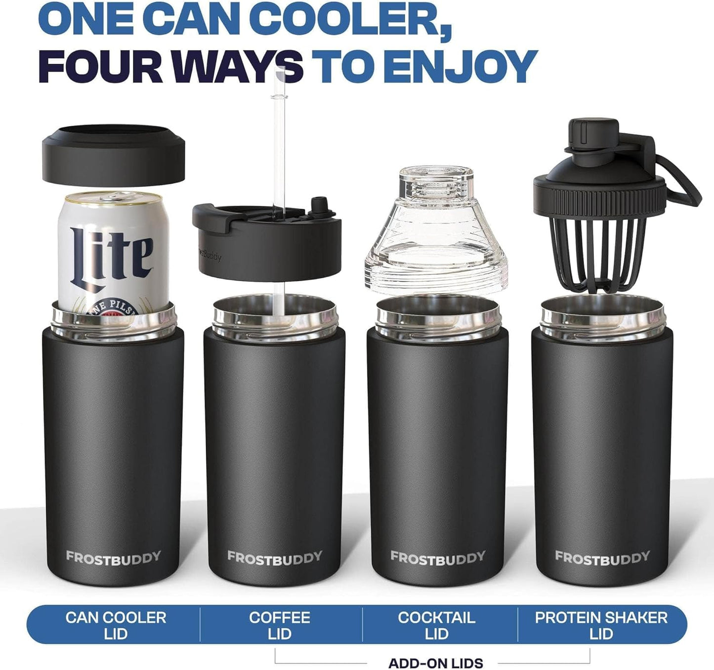 Universal Buddy Can Cooler - Fits All - for Regular 12 & 16 Oz or Slim-Size Bottles - Insulated Double-Walled Stainless Steel (Augusta)